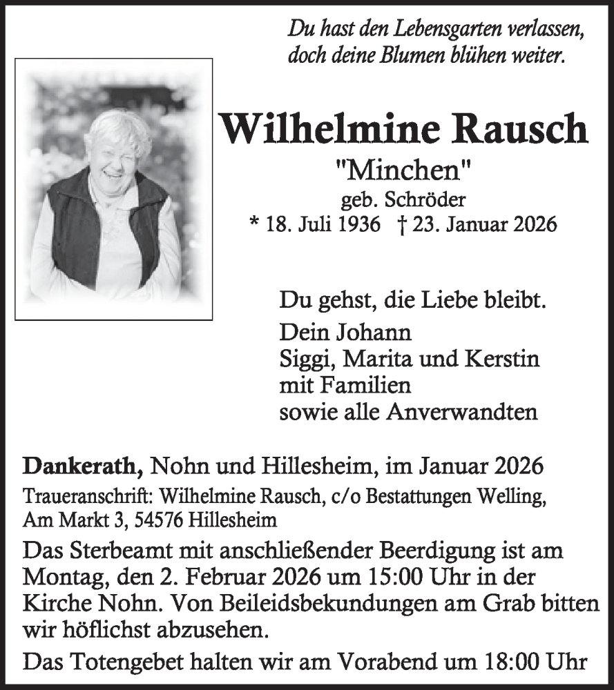  Traueranzeige für Wilhelmine Rausch vom 31.01.2026 aus WochenSpiegel