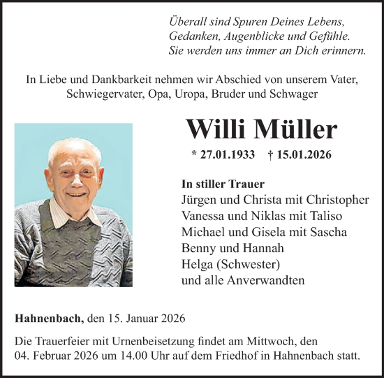 Traueranzeige von Willi Müller von WochenSpiegel