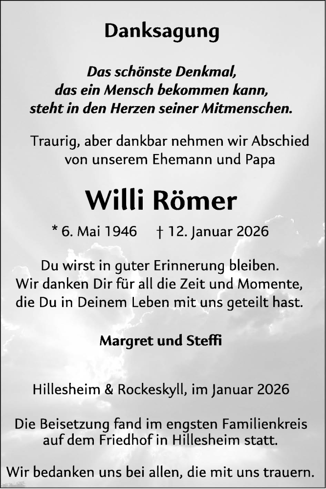  Traueranzeige für Willi Römer vom 31.01.2026 aus WochenSpiegel