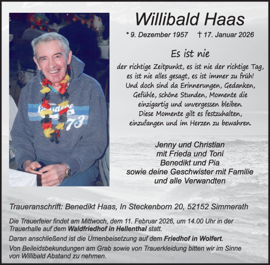 Traueranzeige von Willibald Haas von WochenSpiegel