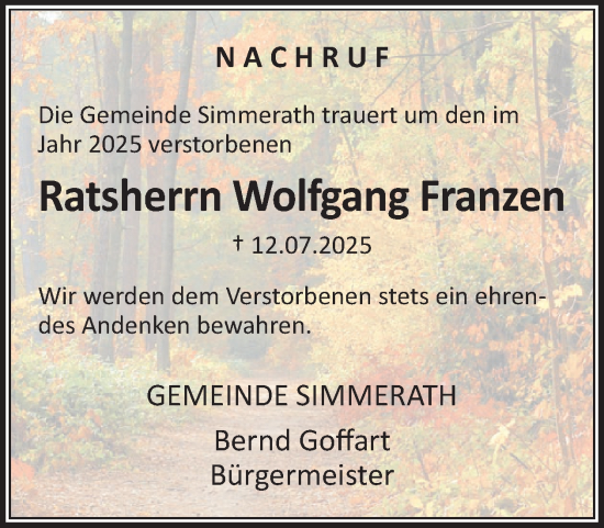 Traueranzeige von Wolfgang Franzen von WochenSpiegel