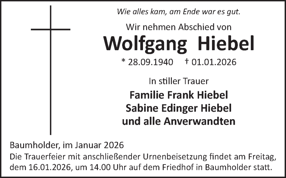  Traueranzeige für Wolfgang Hiebel vom 10.01.2026 aus WochenSpiegel
