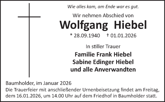 Traueranzeige von Wolfgang Hiebel von WochenSpiegel