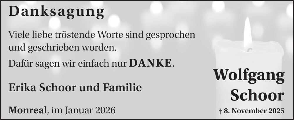  Traueranzeige für Wolfgang Schoor vom 07.01.2026 aus WochenSpiegel