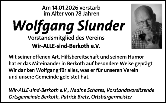 Traueranzeige von Wolfgang Slunder von WochenSpiegel