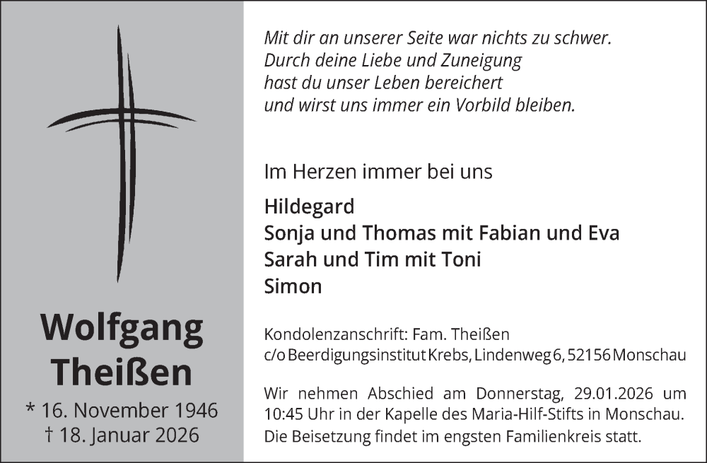  Traueranzeige für Wolfgang Theißen vom 21.01.2026 aus WochenSpiegel