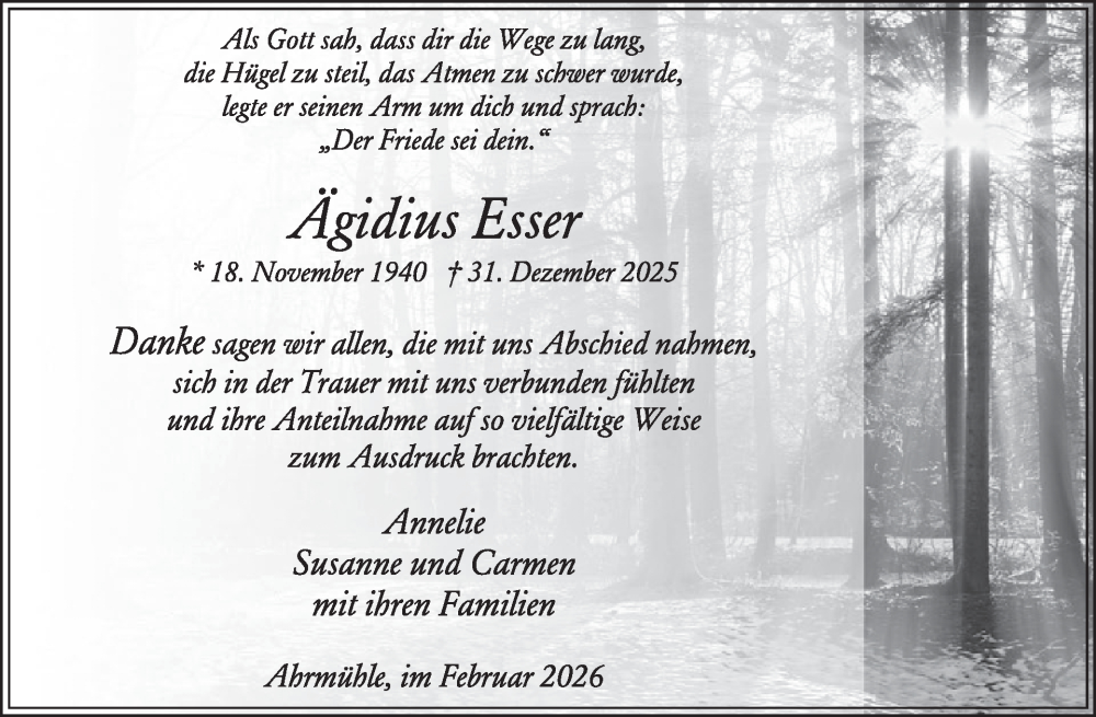  Traueranzeige für Ägidius Esser vom 04.02.2026 aus WochenSpiegel
