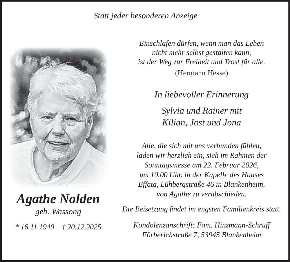 Traueranzeige für Agathe Nolden vom 04.02.2026 aus WochenSpiegel
