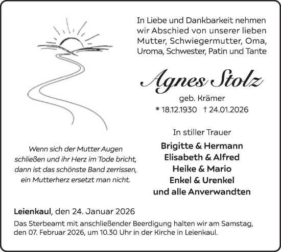 Traueranzeige von Agnes Stolz von WochenSpiegel