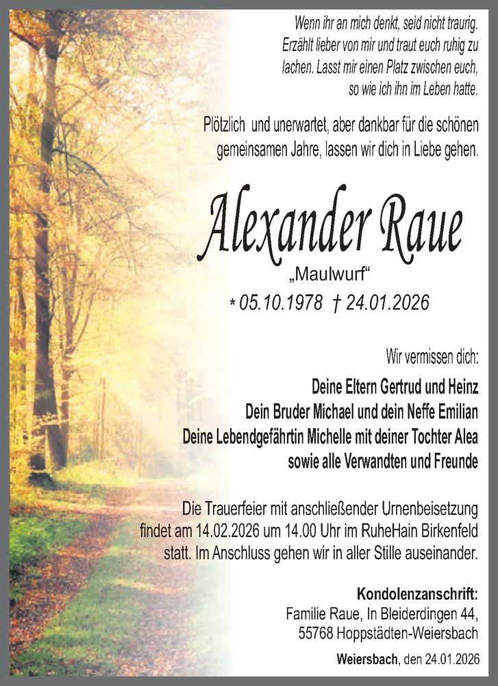  Traueranzeige für Alexander Raue vom 07.02.2026 aus WochenSpiegel