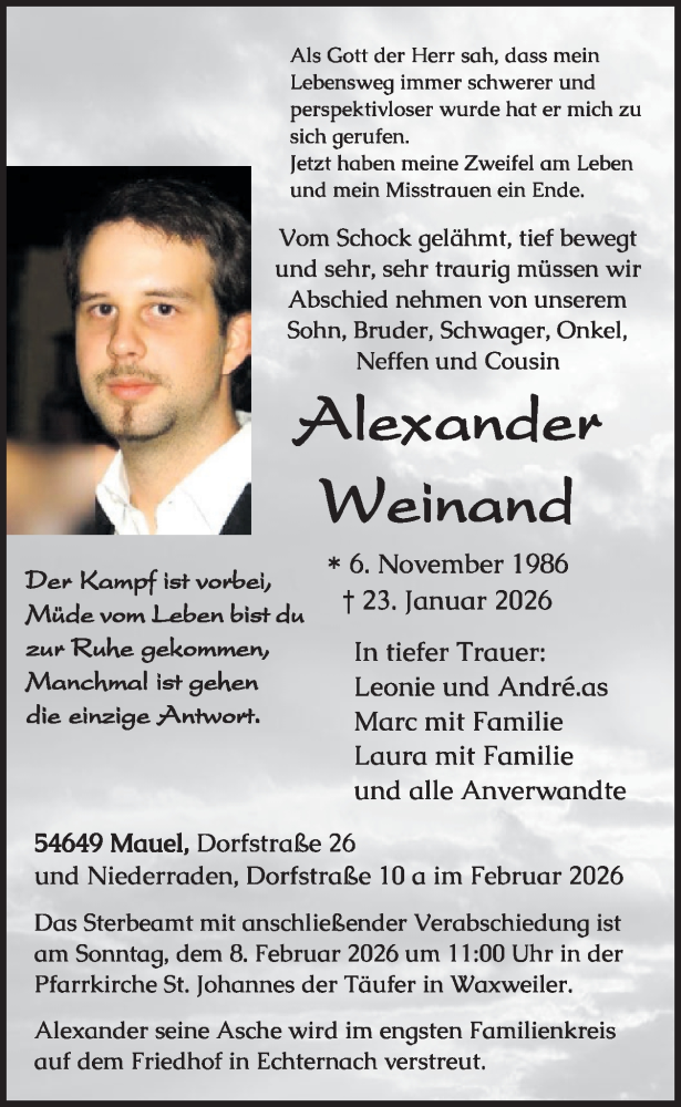  Traueranzeige für Alexander Weinand vom 06.02.2026 aus WochenSpiegel