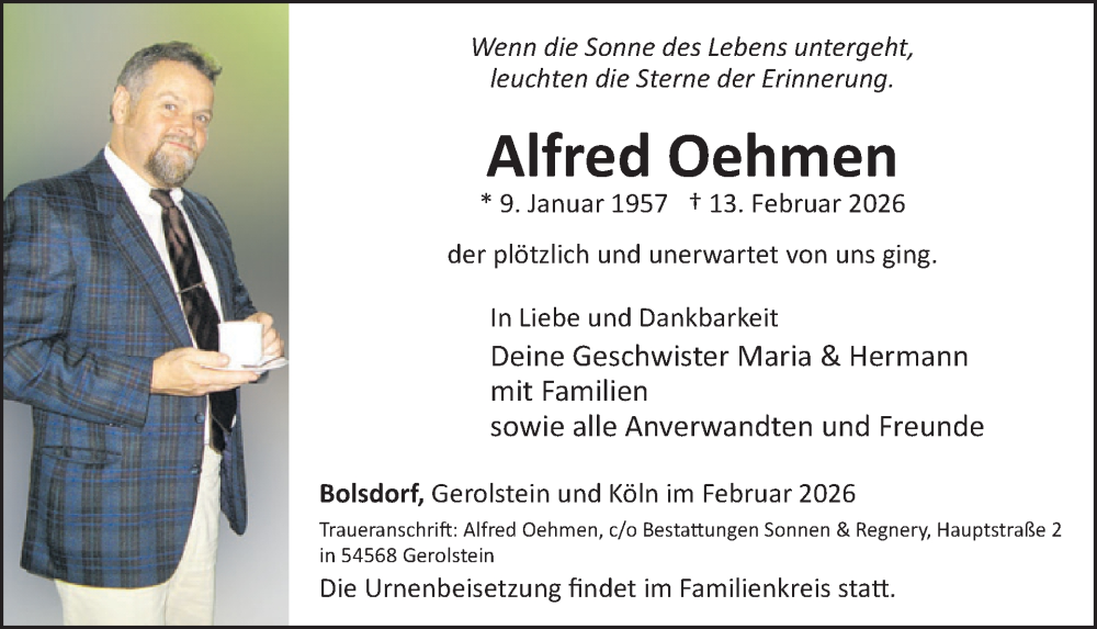  Traueranzeige für Alfred Oehmen vom 21.02.2026 aus WochenSpiegel