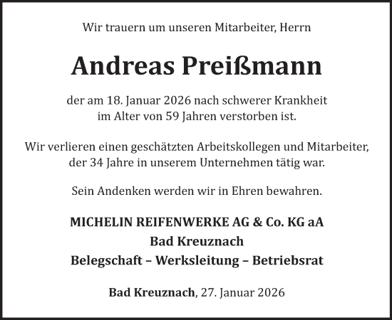 Traueranzeige von Andreas Preißmann von WochenSpiegel