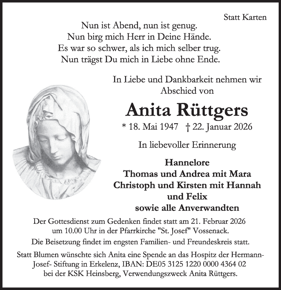  Traueranzeige für Anita Rüttgers vom 04.02.2026 aus WochenSpiegel