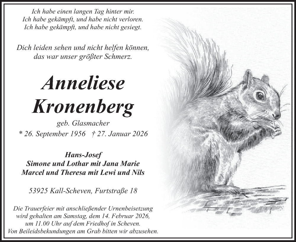  Traueranzeige für Anneliese Kronenberg vom 04.02.2026 aus WochenSpiegel