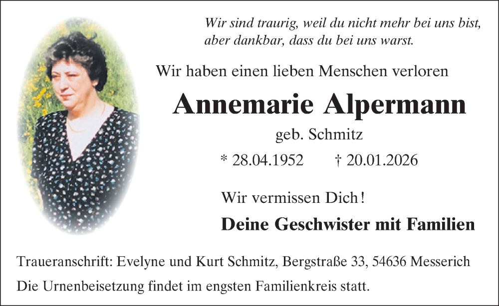  Traueranzeige für Annemarie Alpermann vom 06.02.2026 aus WochenSpiegel