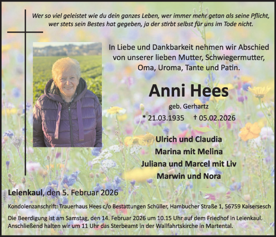 Traueranzeige von Anni Hees von WochenSpiegel