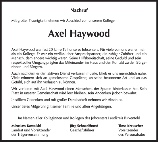 Traueranzeige von Axel Haywood von WochenSpiegel