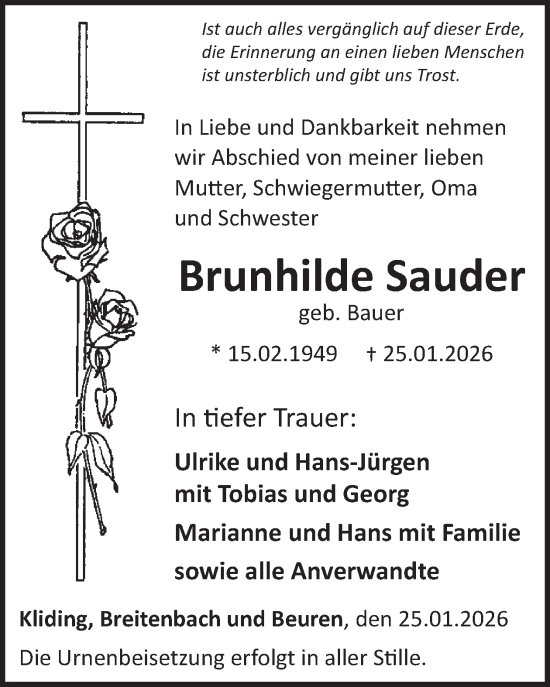 Traueranzeige von Brunhilde Sauder von WochenSpiegel