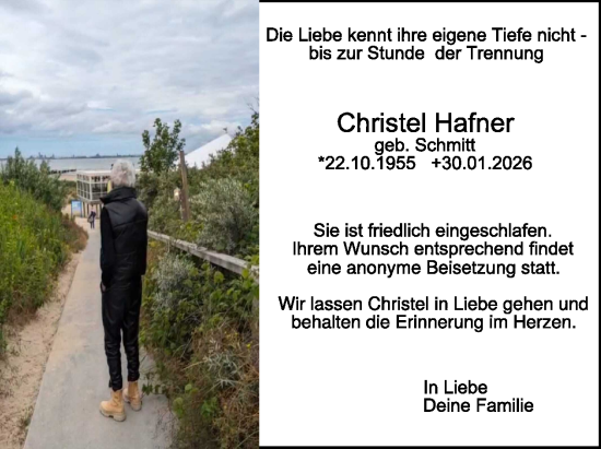 Traueranzeige von Christel Hafner von WochenSpiegel