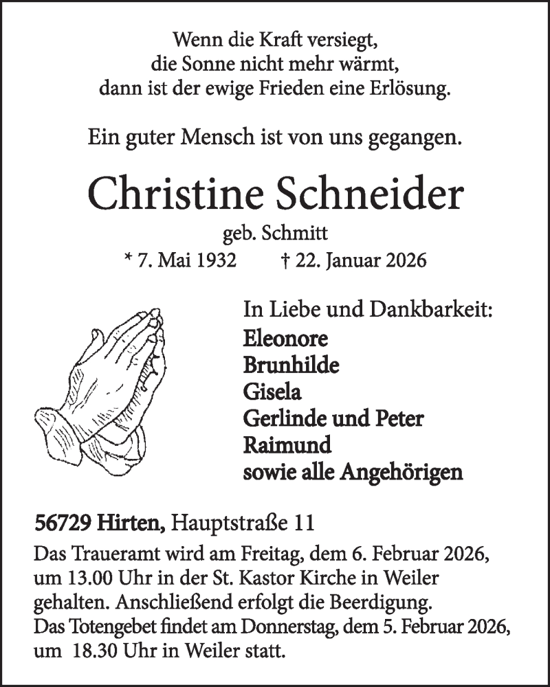  Traueranzeige für Christine Schneider vom 04.02.2026 aus WochenSpiegel