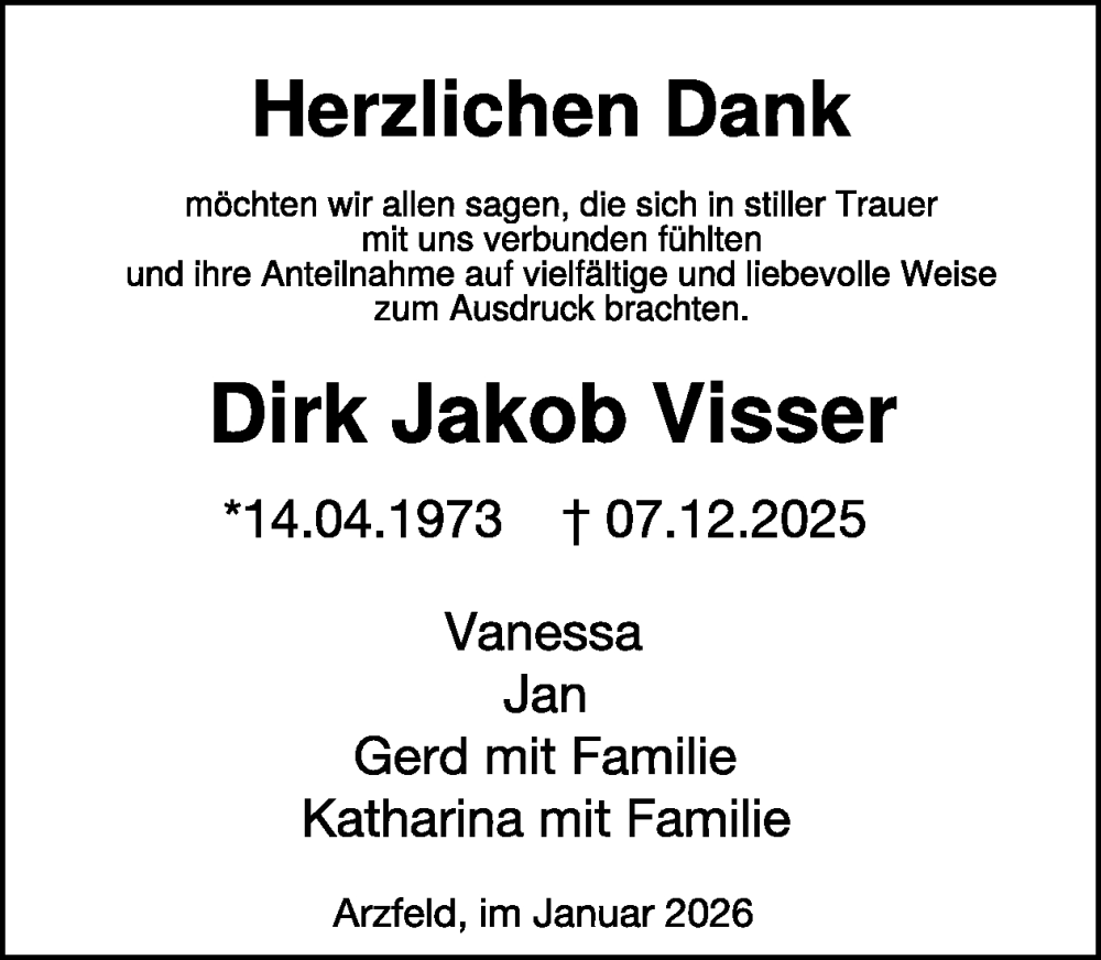  Traueranzeige für Dirk Jakob Visser vom 06.02.2026 aus WochenSpiegel