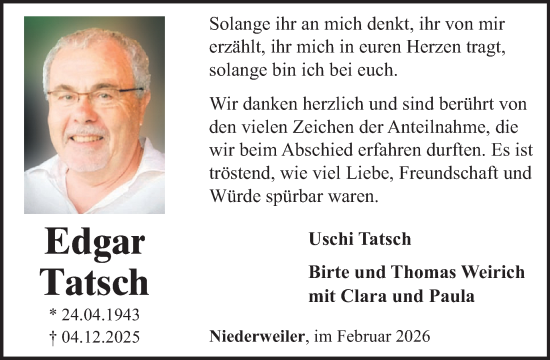 Traueranzeige von Edgar Tatsch von WochenSpiegel
