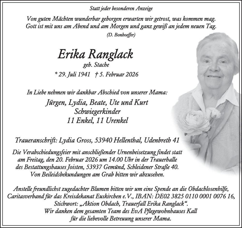  Traueranzeige für Erika Ranglack vom 11.02.2026 aus WochenSpiegel
