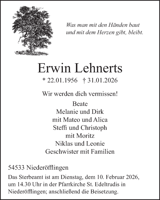 Traueranzeige von Erwin Lehnerts von WochenSpiegel