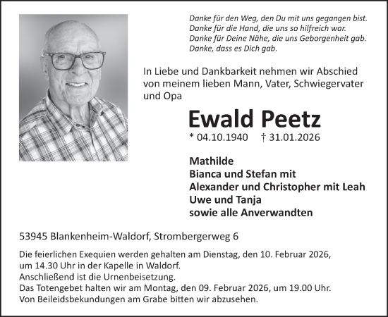 Traueranzeige von Ewald Peetz von WochenSpiegel