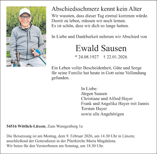 Traueranzeige von Ewald Sausen von WochenSpiegel