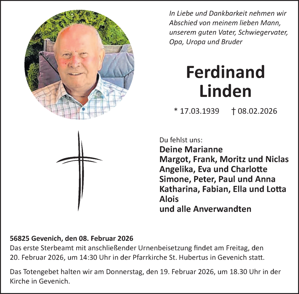  Traueranzeige für Ferdinand Linden vom 11.02.2026 aus WochenSpiegel