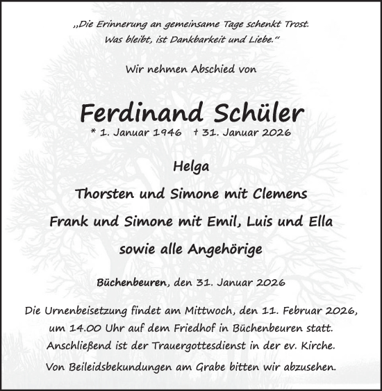 Traueranzeige von Ferdinand Schüler von WochenSpiegel
