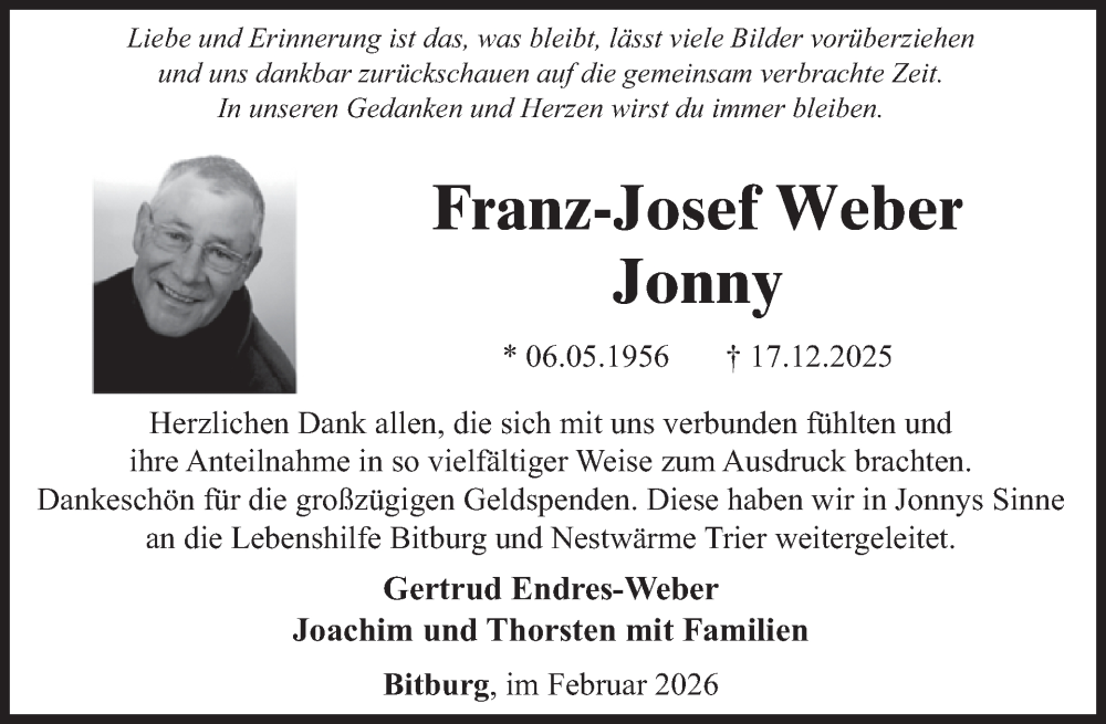  Traueranzeige für Franz-Josef Weber vom 06.02.2026 aus WochenSpiegel