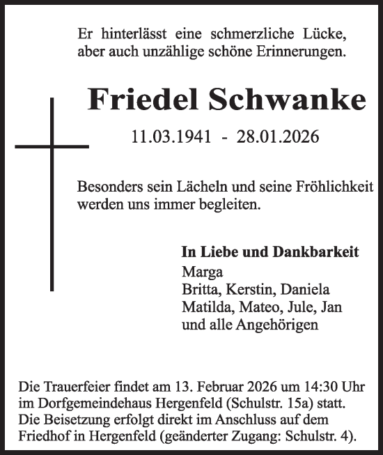 Traueranzeige von Friedel Schwanke von WochenSpiegel