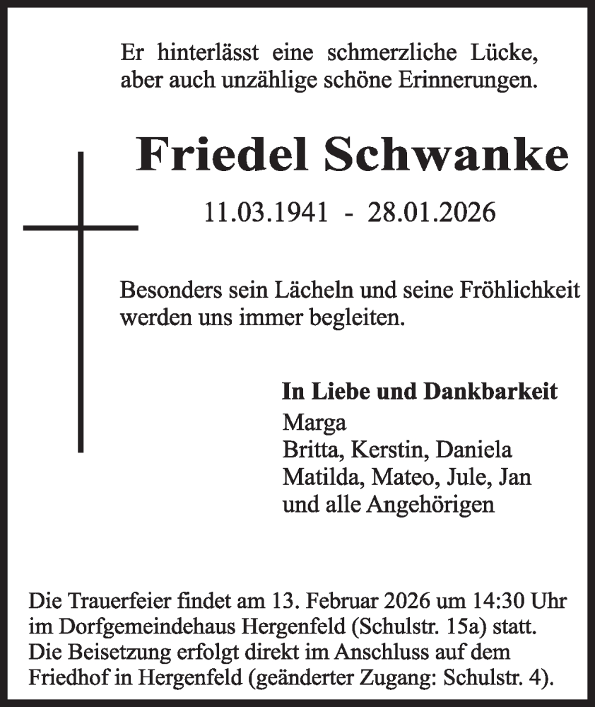  Traueranzeige für Friedel Schwanke vom 07.02.2026 aus WochenSpiegel