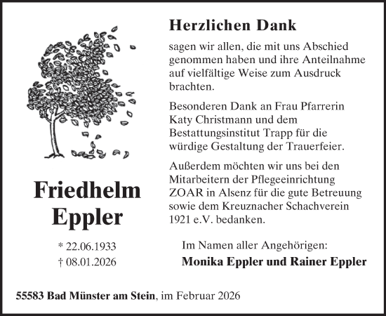 Traueranzeige von Friedhelm Eppler von WochenSpiegel