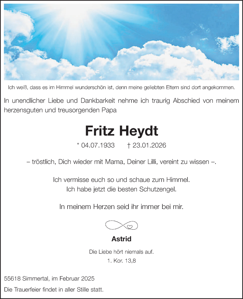  Traueranzeige für Fritz Heydt vom 07.02.2026 aus WochenSpiegel