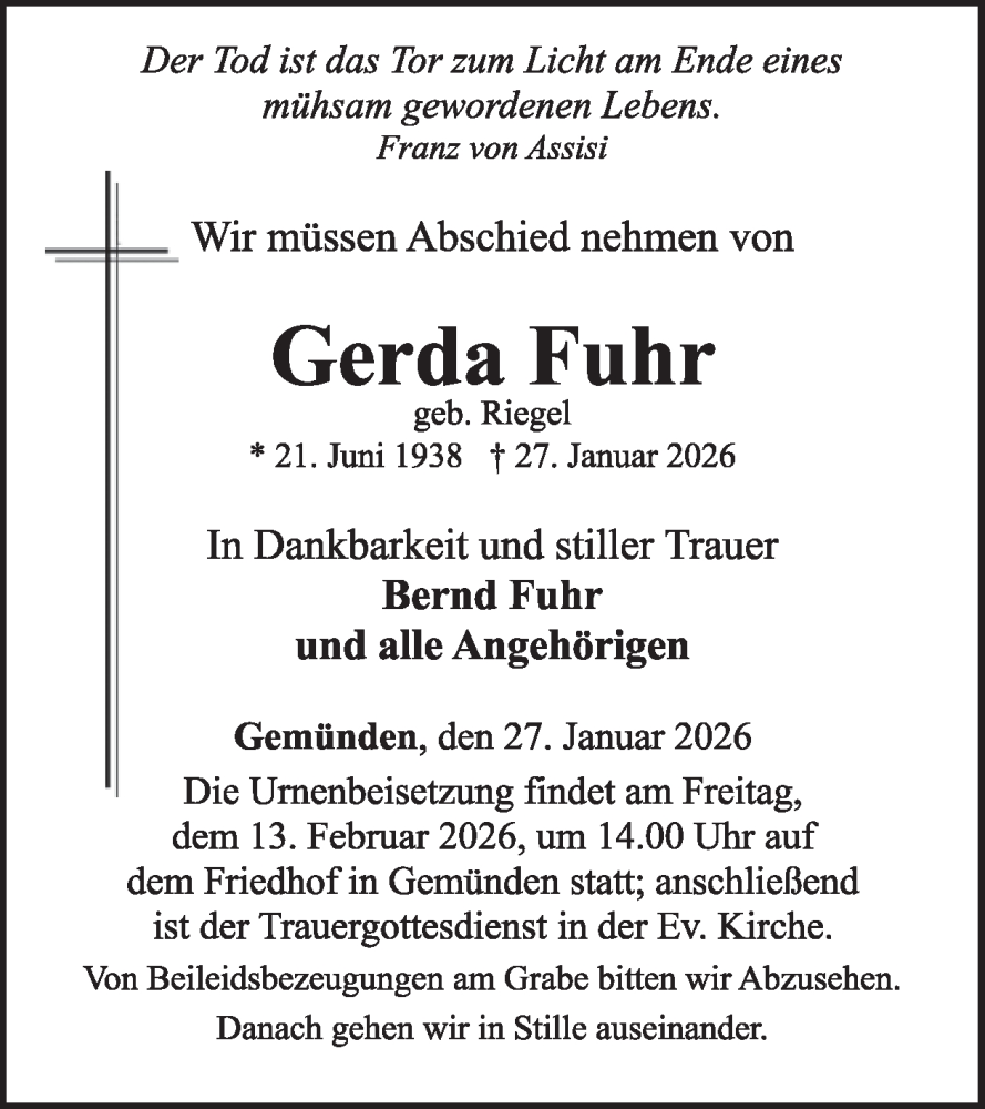  Traueranzeige für Gerda Fuhr vom 07.02.2026 aus WochenSpiegel