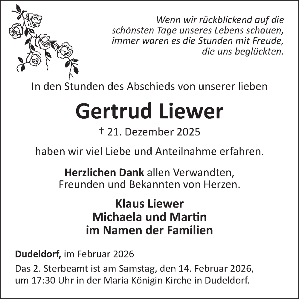  Traueranzeige für Gertrud Liewer vom 06.02.2026 aus WochenSpiegel