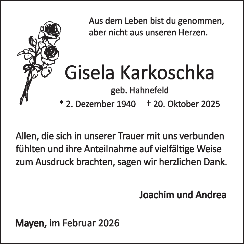  Traueranzeige für Gisela Karkoschka vom 04.02.2026 aus WochenSpiegel