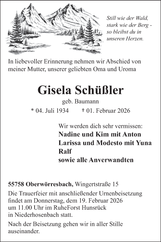 Traueranzeige von Gisela Schüßler von WochenSpiegel