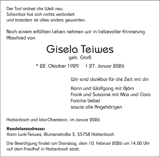 Traueranzeige von Gisela Teiwes von WochenSpiegel