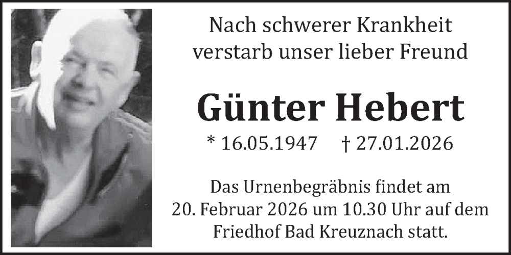  Traueranzeige für Günter Hebert vom 14.02.2026 aus WochenSpiegel