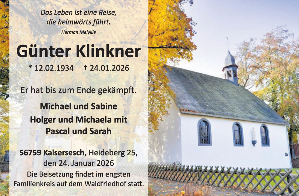  Traueranzeige für Günter Klinkner vom 04.02.2026 aus WochenSpiegel