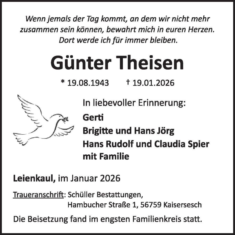  Traueranzeige für Günter Theisen vom 04.02.2026 aus WochenSpiegel