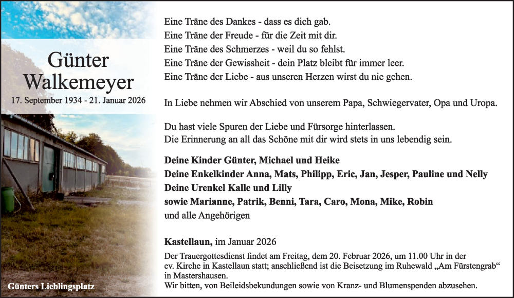  Traueranzeige für Günter Walkemeyer vom 07.02.2026 aus WochenSpiegel