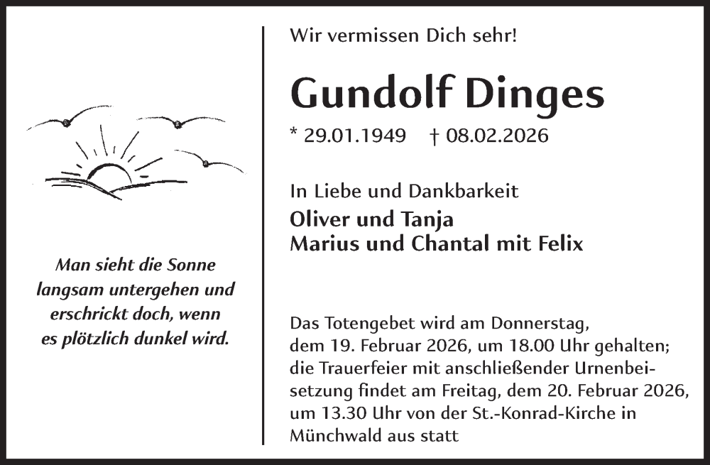  Traueranzeige für Gundolf Dinges vom 14.02.2026 aus WochenSpiegel