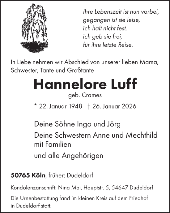 Traueranzeige von Hannelore Luff von WochenSpiegel