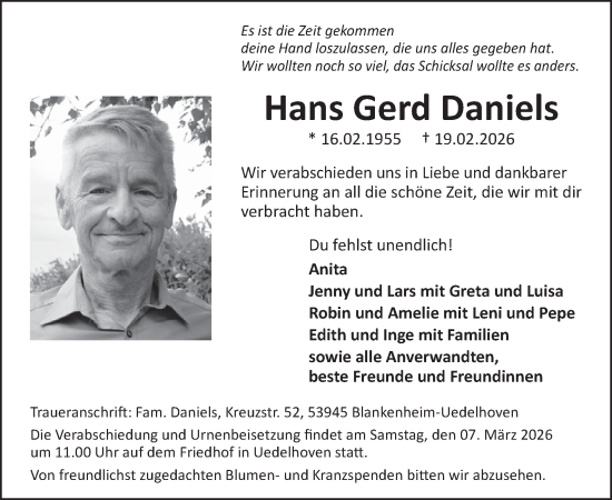 Traueranzeige von Hans Gerd Daniels von WochenSpiegel